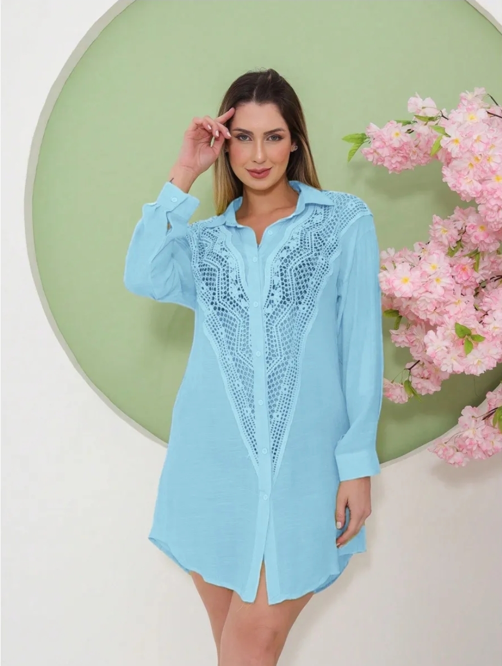 Saída de Praia Camisão Chemise Femenina  Manga Longa com Rendas. Moda Verão Entrega Full!