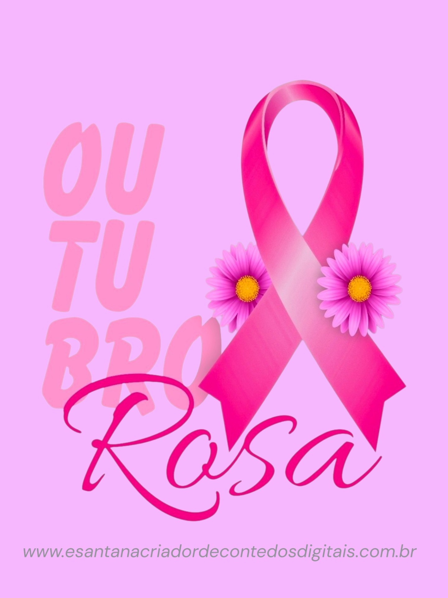 Fita rosa com flores e texto “Outubro Rosa” em fundo lilás, com assinatura decorativa.
